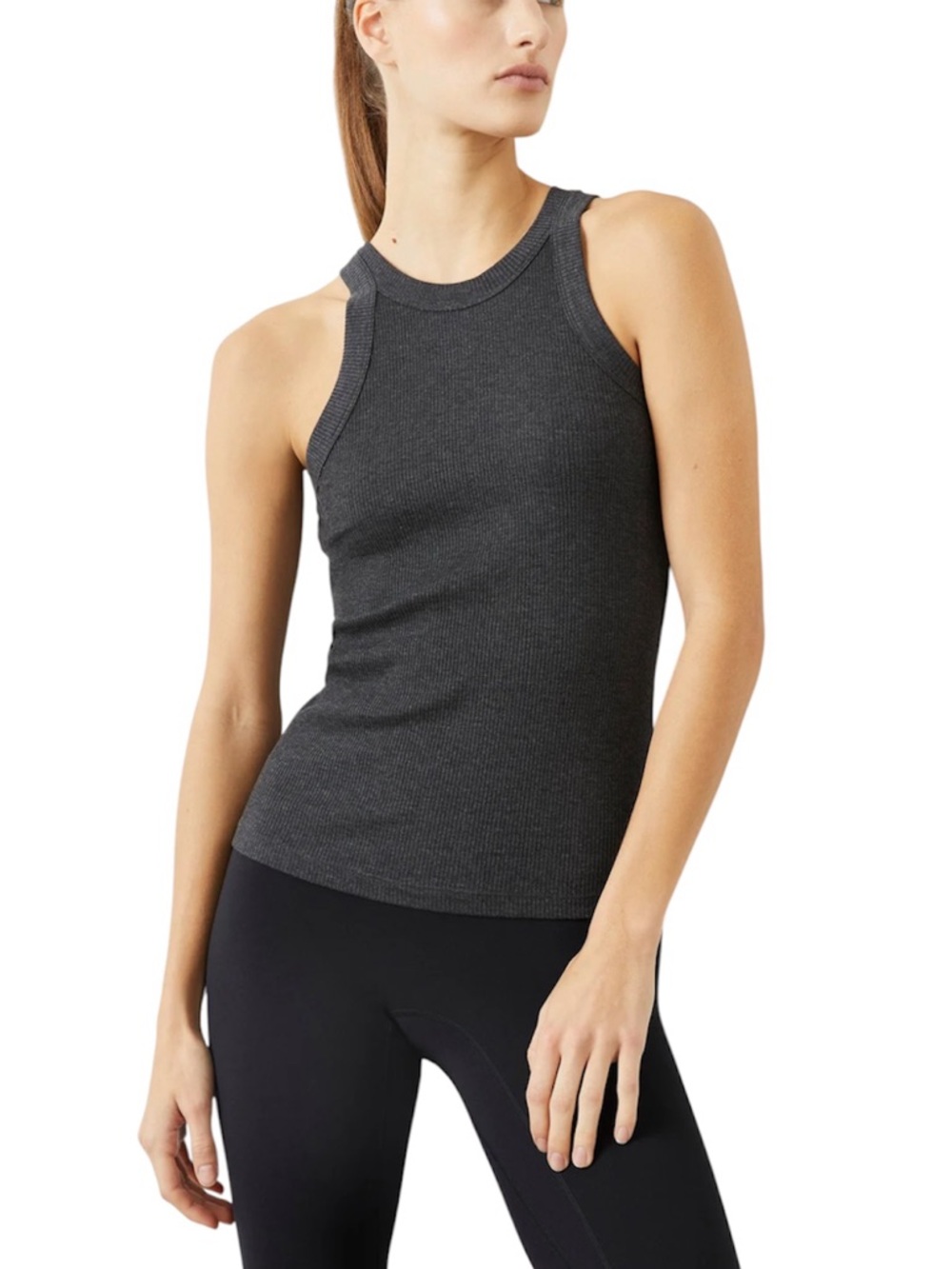 Bandier charcoal grey heather high neck ribbed tank top